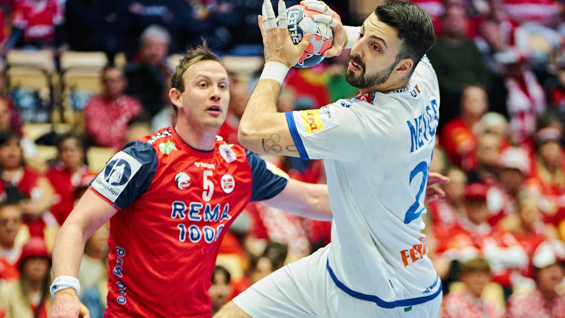 Portugal's left back #20 Miguel Neves shoots during the men's EHF Euro 2026 main round handball match Portugal vs Norway in Herning, Denmark, on January 26, 2026.