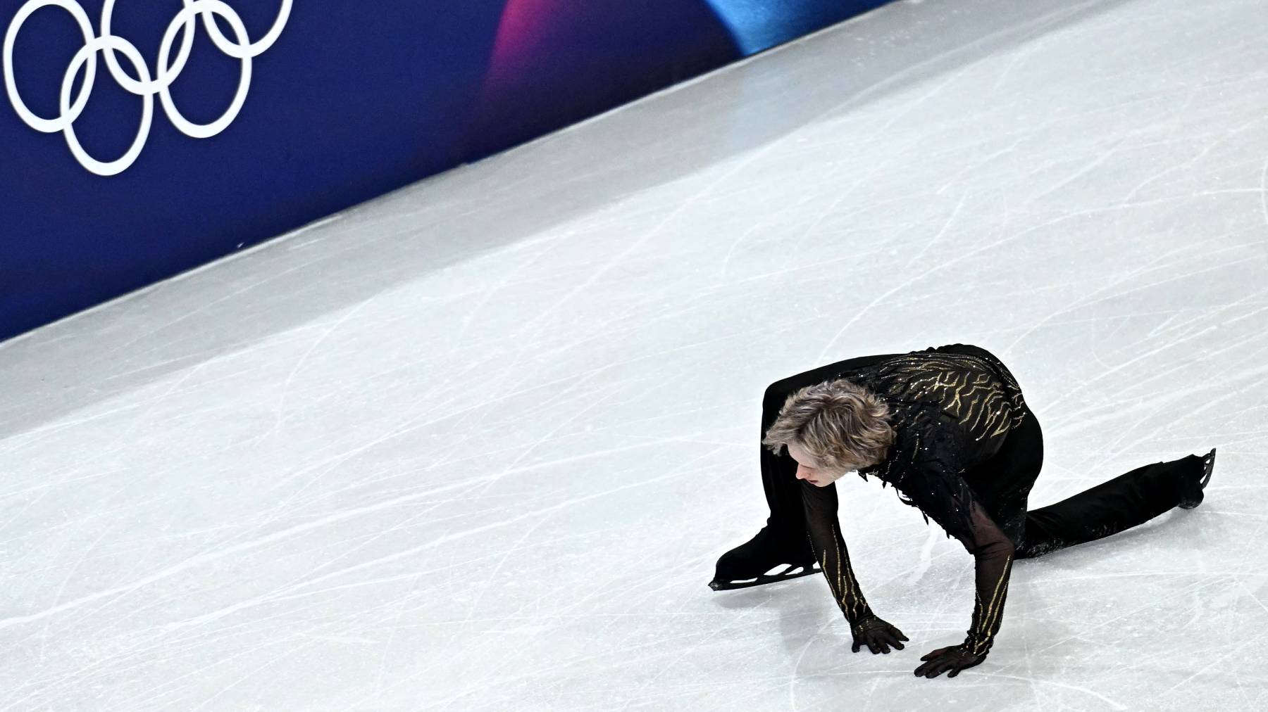USA's Ilia Malinin falls while competing in the figure skating men's singles free skating final during the Milano Cortina 2026 Winter Olympic Games at Milano Ice Skating Arena in Milan on February 13, 2026.