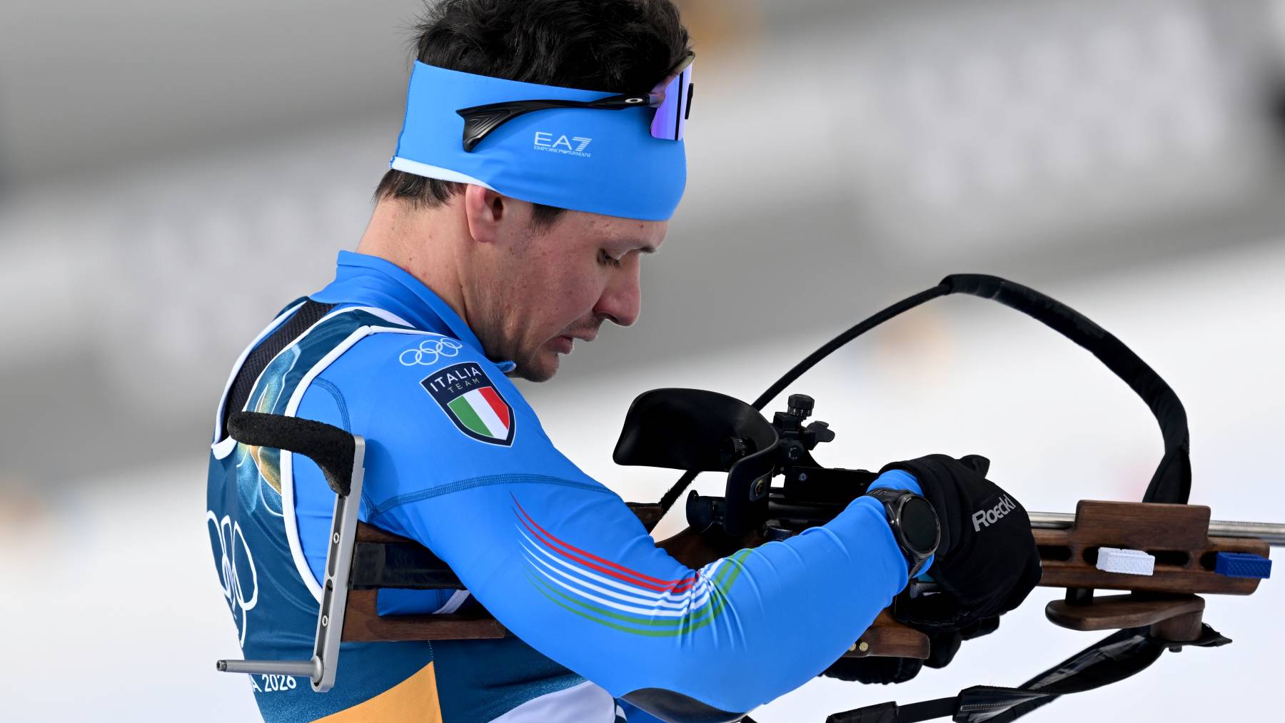 20 February 2026, Italy, Antholz: Olympia, Olympic Winter Games Milan Cortina 2026, biathlon, men, mass start 15 kilometers in the Anterselva Biathlon Arena, Tommaso Giacomel (Italy) at the shooting range. Photo: Hendrik Schmidt/dpa (Photo by Hendrik Schmidt/picture alliance via Getty Images)