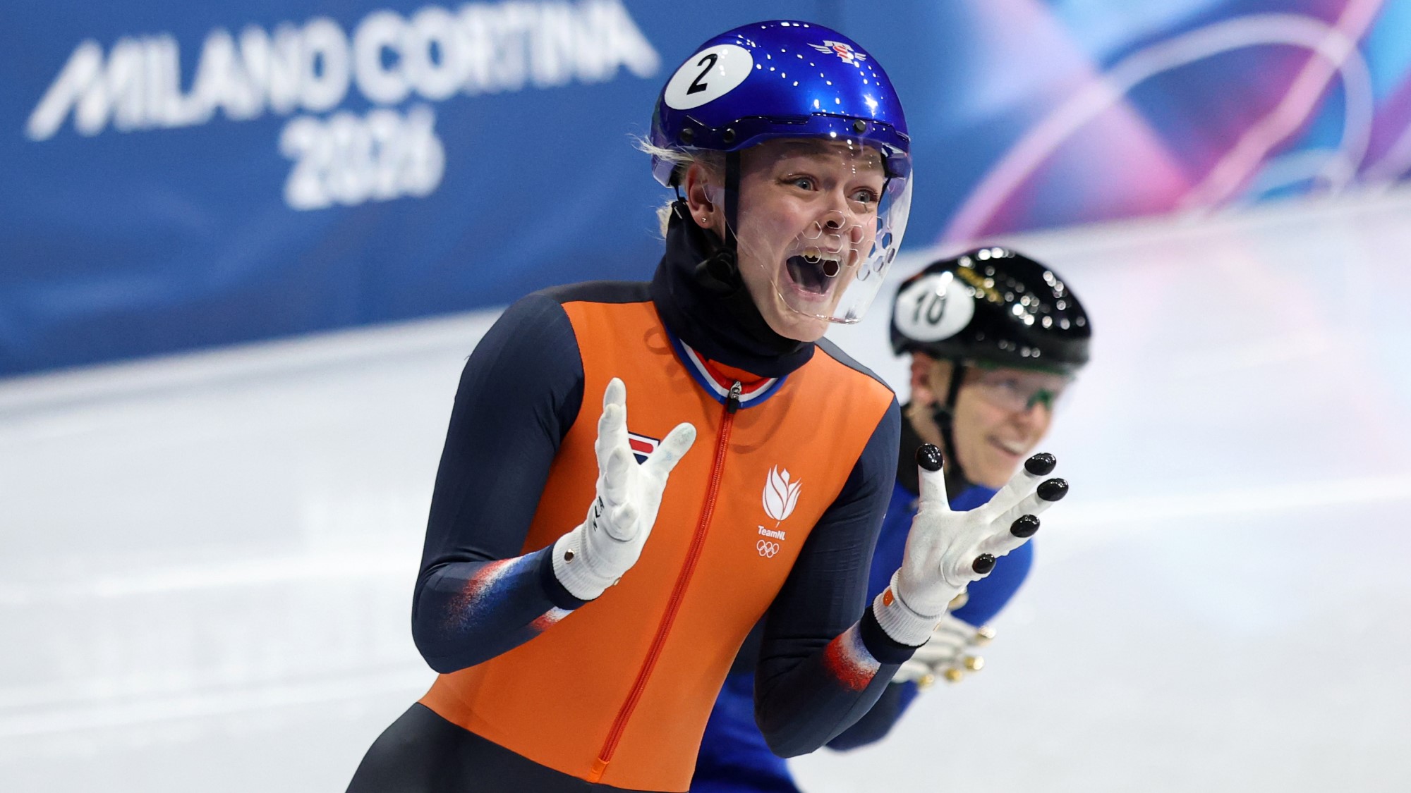 Az olimpiai bajnok Xandra Velzeboer a rövidpályás gyorskorcsolyázók versenyén.