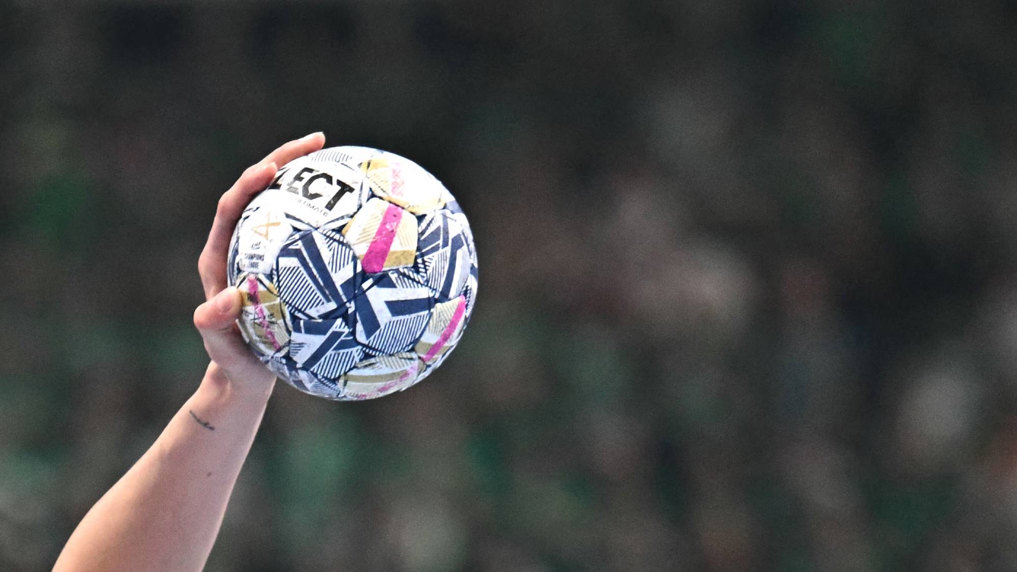 Metz's Croatian right back #11 Anna Albek (L) and Gyori's Hungarian left wing Csenge Reka Fodor (2nd R) vie for the ball during the EHF Women's Handball Champions League final match between Gyori Audi ETO KC and Metz Handball in Budapest on June 7, 2026.