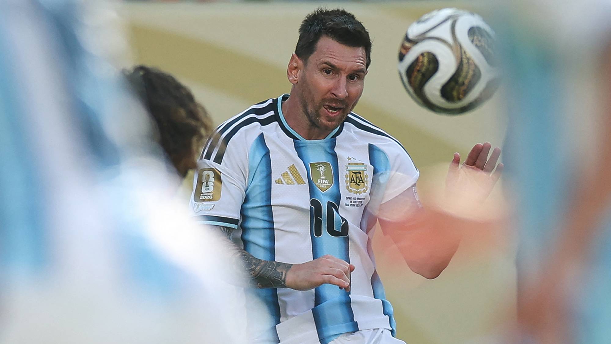 Argentina's forward #10 Lionel Messi kicks the ball during the 2026 World Cup football tournament final match between Spain and Argentina at the New York/New Jersey Stadium in East Rutherford on July 19, 2026.