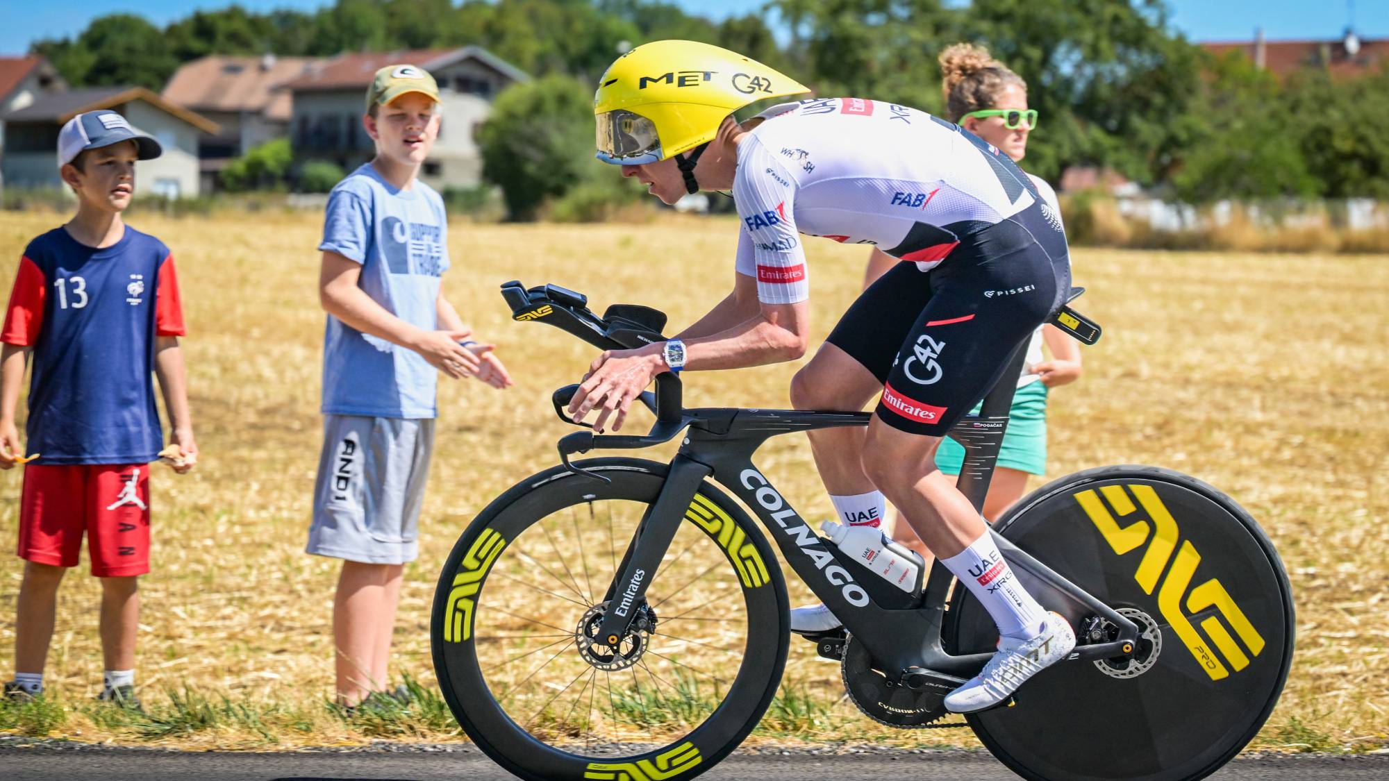 Slovenian Tadej Pogacar of UAE Team Emirates XRG pictured in action during a reconnaissance round on the track of the stage 16 of the 2026 Tour de France cycling race, an individual Time Trial stage of 26km from Evian-les-Bains to Thonon-les-Bains, on Tuesday 21 July 2026. The 113th edition of the Tour de France starts on Saturday 4 July in Barcelona, Spain, and will finish in Paris, France on the 26th of July. BELGA PHOTO DAVID PINTENS