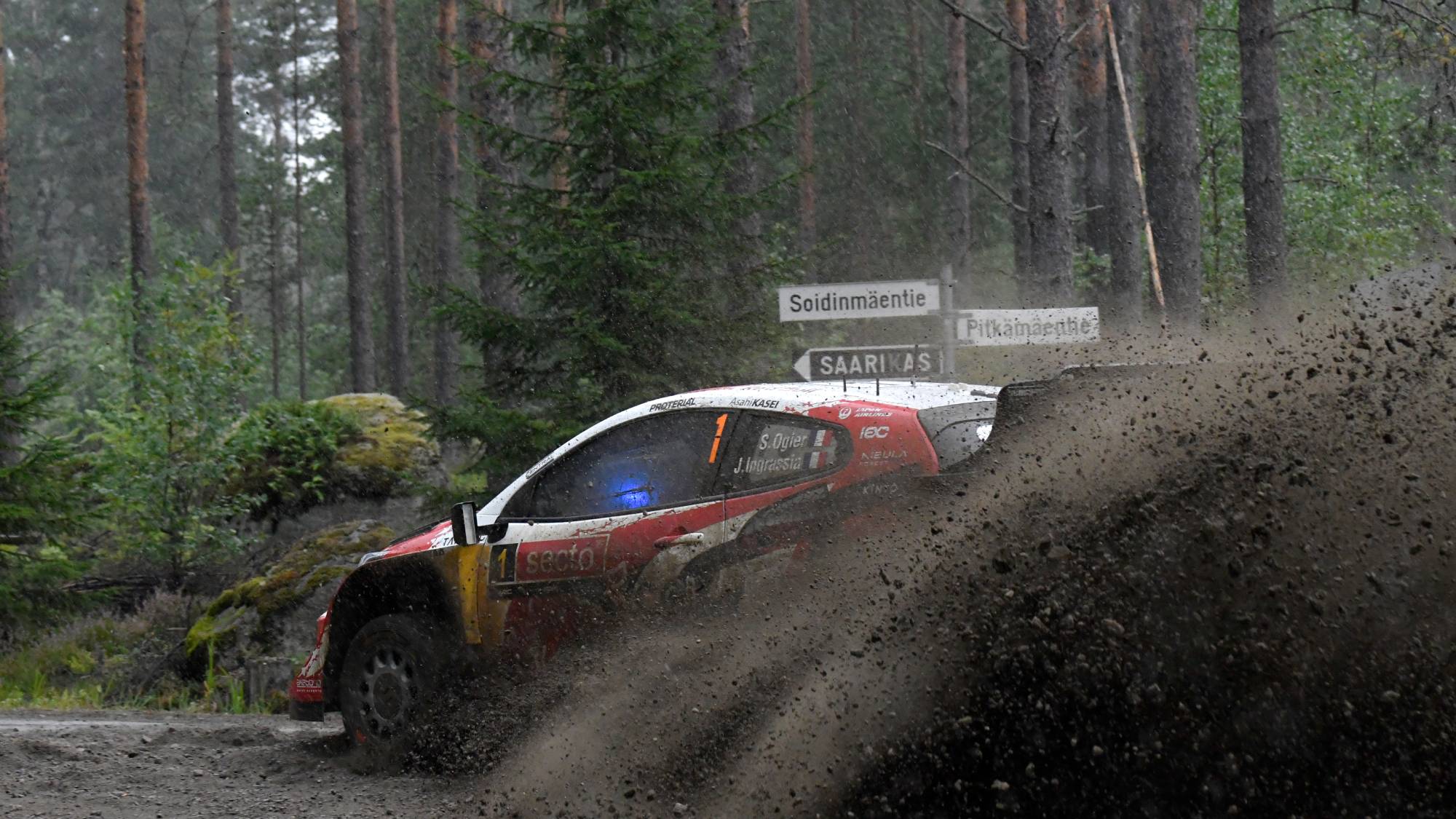 JYVASKYLA, FINLAND - JULY 31: Sebastien Ogier of France and Vincent Landais of France compete with their Toyota Gazoo Racing WRT Toyota GR Yaris Rally1 during Rally Finland, Round 10 of the 2026 FIA World Rally Championship on July 31, 2026 in Jyvaskyla, Finland. (Photo by Massimo Bettiol/Getty Images)