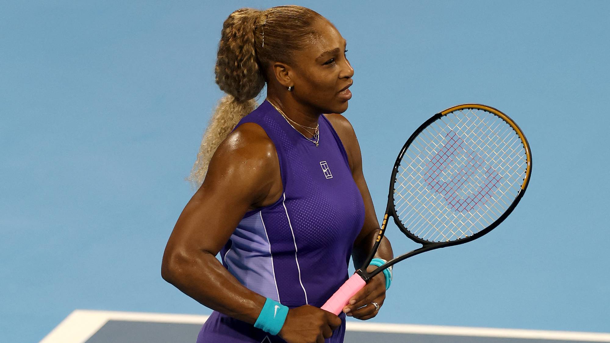 MASON, OHIO - AUGUST 17: Serena Williams of the United States walks on the court while playing Marta Kostyuk of Czechia and Peyton Stearns of the United States with Venus Williams of the United States during day seven of the Cincinnati Open at the Lindner Family Tennis Center on August 17, 2026 in Mason, Ohio. Matthew Stockman/Getty Images/AFP